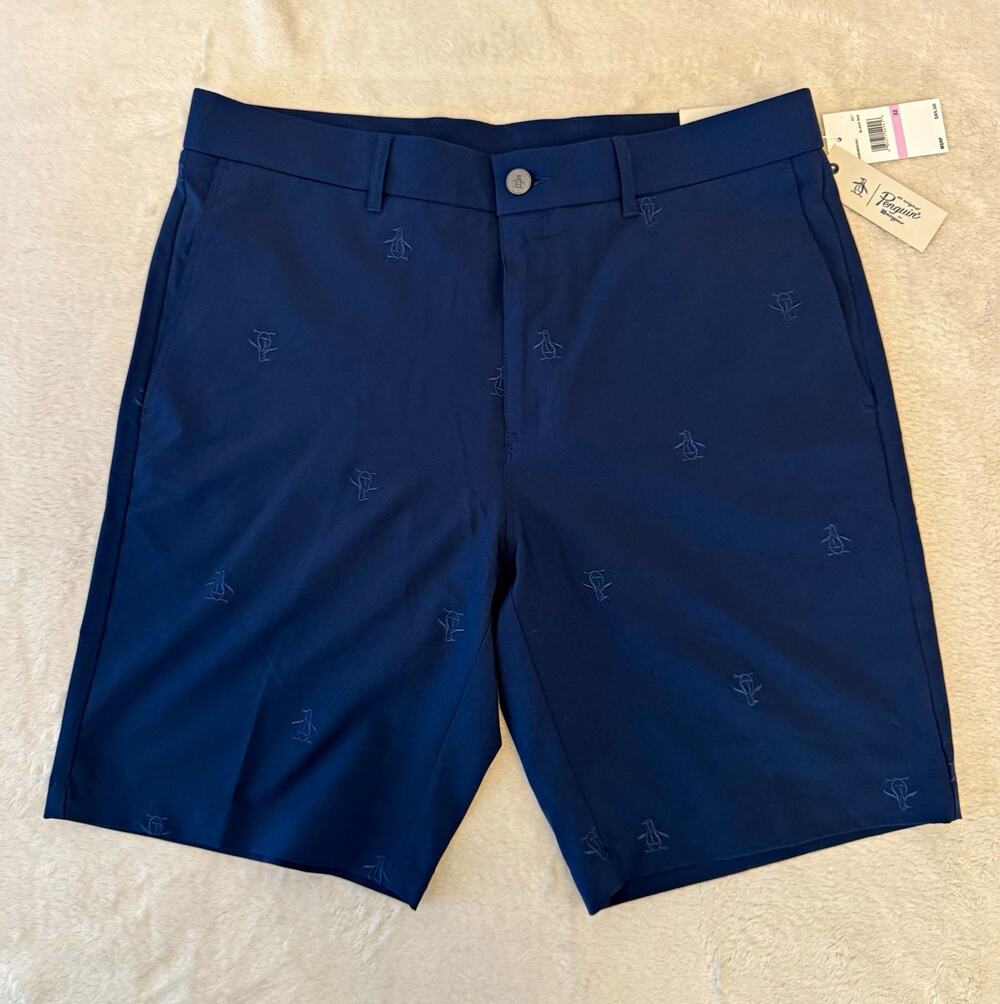 Original Penguin Men's Navy Chino Shorts Penguin Print Regular Fit 9" Pockets